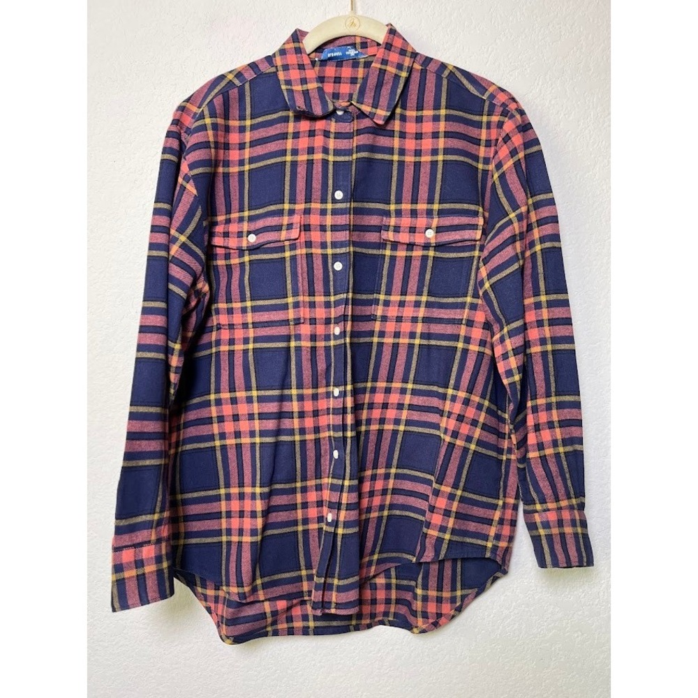 Old Navy Plaid Boyfriend Shirt M Dark Star Navy Pink Womens Grunge Cotton Tops